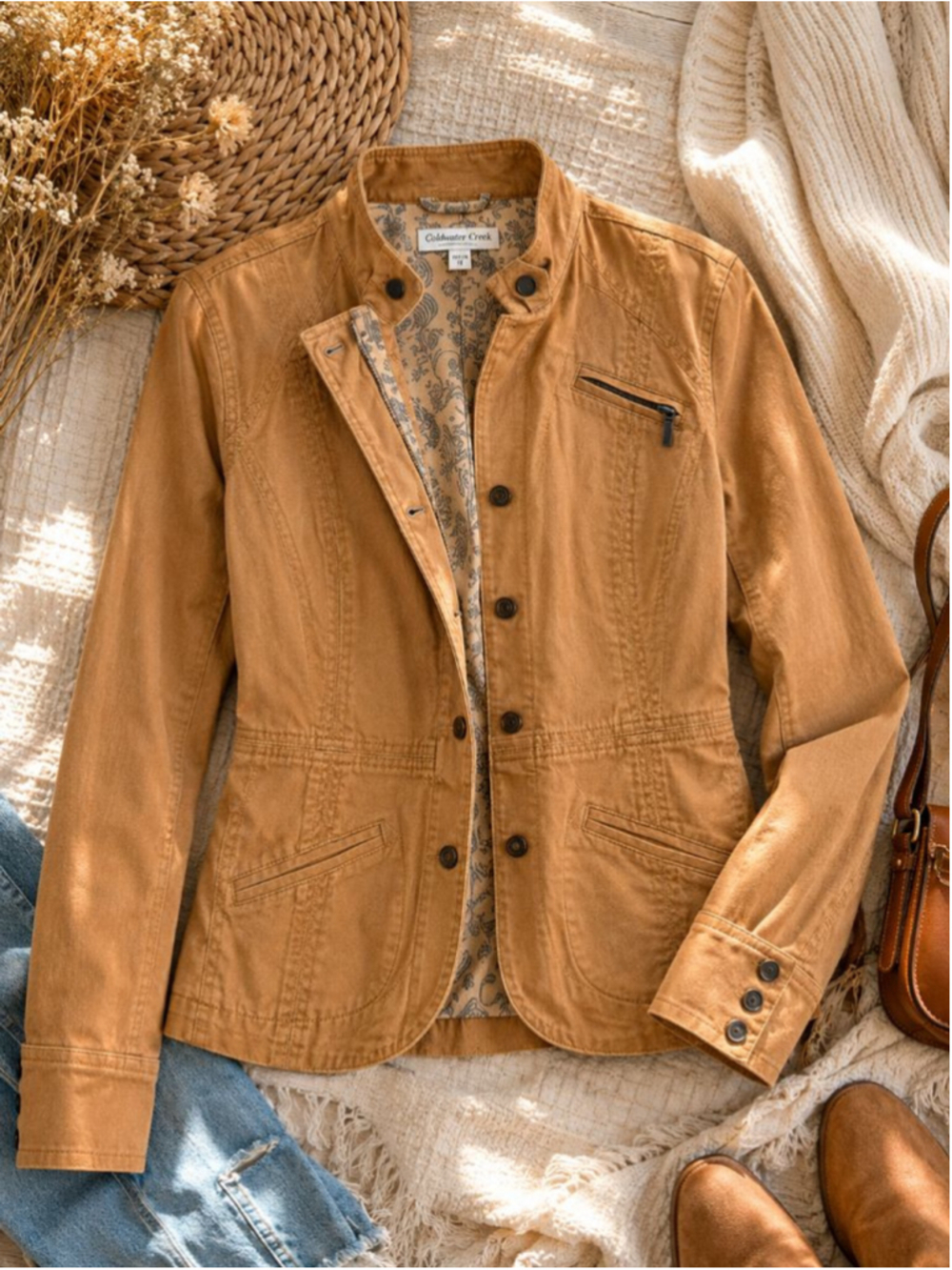 Coldwater Creek Jacket Womens 12P Tan Cotton Stretch Utility Moto Snap Front